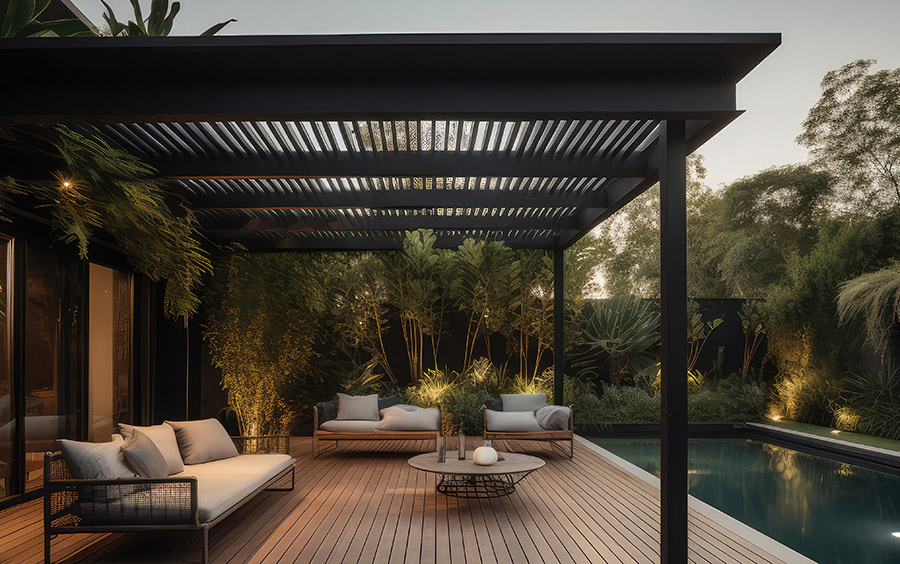 a lavish side outside garden at morning, with a teak hardwood d